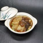 BRAISED SEA CUCUMBER HIPIO, BLACK MUSHROOM & SEASONAL VEGETABLES SERVED IN CLAYPOT 