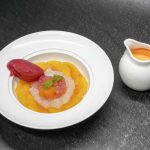 CHILLED MANGO SAGO CREAM WITH ALOE VERA STRAWBERRY SORBET