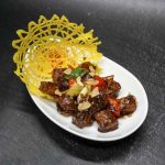 PAN FRIED BEEF TENDERLOIN WITH MIXED CAPSICUM IN BLACK PEPPER SAUCE 