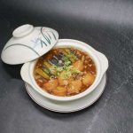 STEWED EGGPLANT & JAPANESE BEAN CURD WITH MINCED CHICKEN IN SPICY CHILI SAUCE SERVED IN CLAYPOT