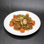 WOK FRIED E-FU NOODLES WITH SEAFOOD AND QUAIL EGG